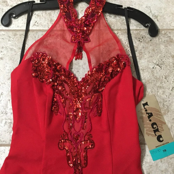 LA GLO Red Sequin Beaded Mini Dress Halter Neck Women's Size 7/8 Festive Dress - Picture 4 of 14